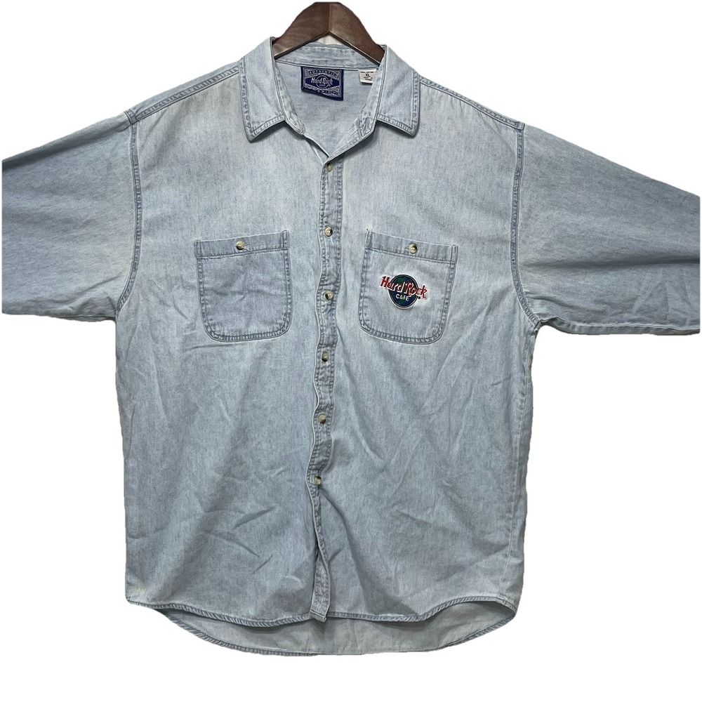 Vintage Hard Rock Cafe Madrid‎ Denim Shirt XL 90s Embroidered Logo